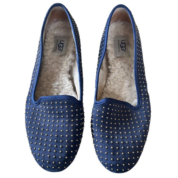 Ugg Alloway Leather Genuine Sheepskin Navy With Gold Stud Classy Flats 8.5 - Picture 1 of 6